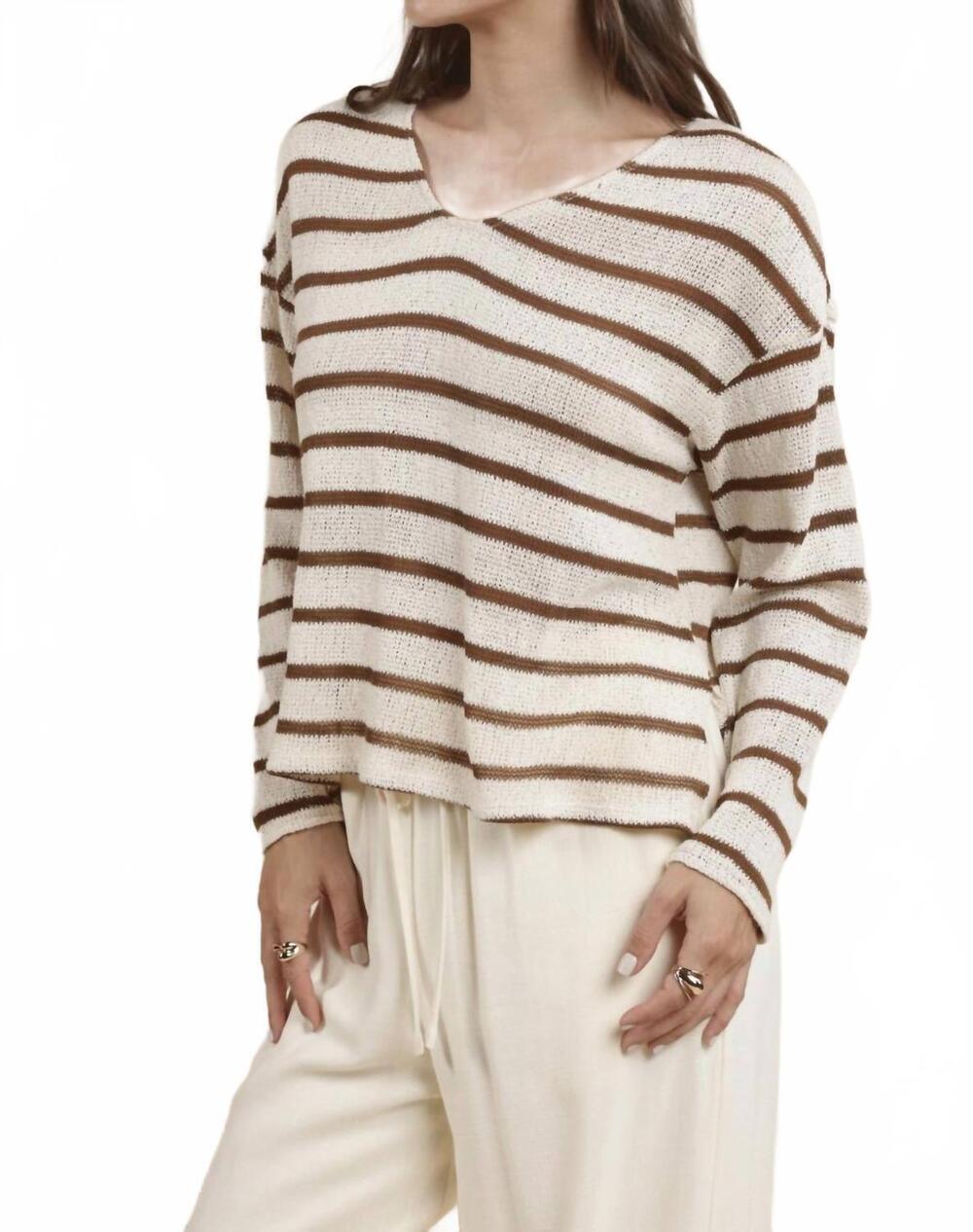 NEW SADIE & SAGE lingering light striped v neck long sleeve top in white and bro